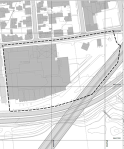 Kart med omriss over planområdet, som strekker seg over kjøpesenteret CC med parkeringsplassen.