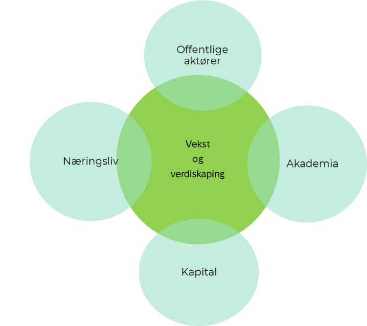 Modell for økosystem i Drammen. Modellen viser en sirkel med teksten vekst og verdiskapning i midten. I sirkler som står plassert rundt den sentrale sirkelen står det akademia,  kapital, næringsliv og offentlig aktør i retning med klokka.