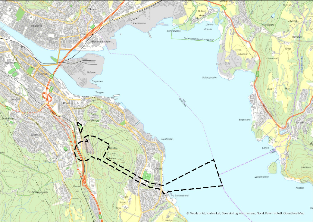 Kart som viser planavgrensningen som strekker seg fra litt vest for Holmestrandveien, til et godt stykke ut i fjorden.