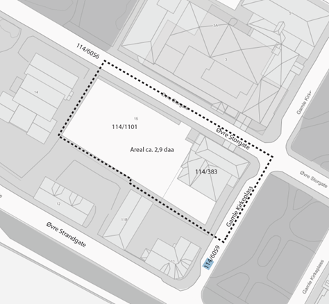 Bildet viser planavgrensningen som strekker seg over adressene Gamle Kirkeplass 1 og Øvre Storgate 15