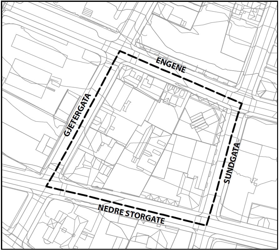 Utsnitt av kart som viser avgrensningen av planen, som rammes inn av senterlinje vei i gatene Nedre Storgtate, Sundgata, Engene og Gjetergata.