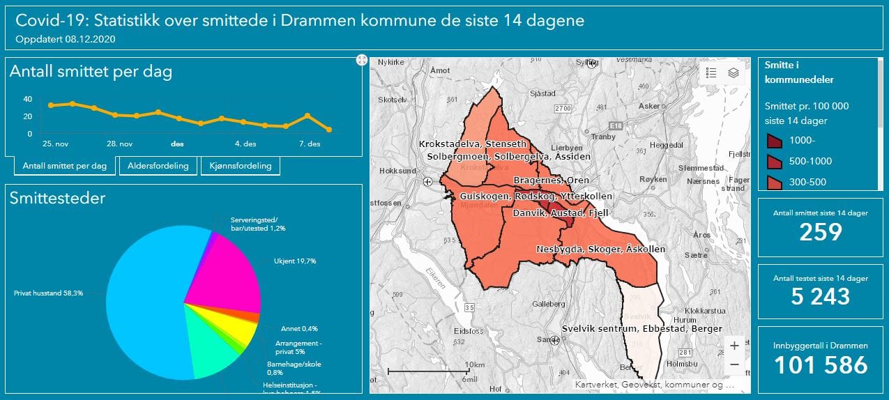 Digitalt kart med oversikte over utviklingen av smitte i Drammen kommune.