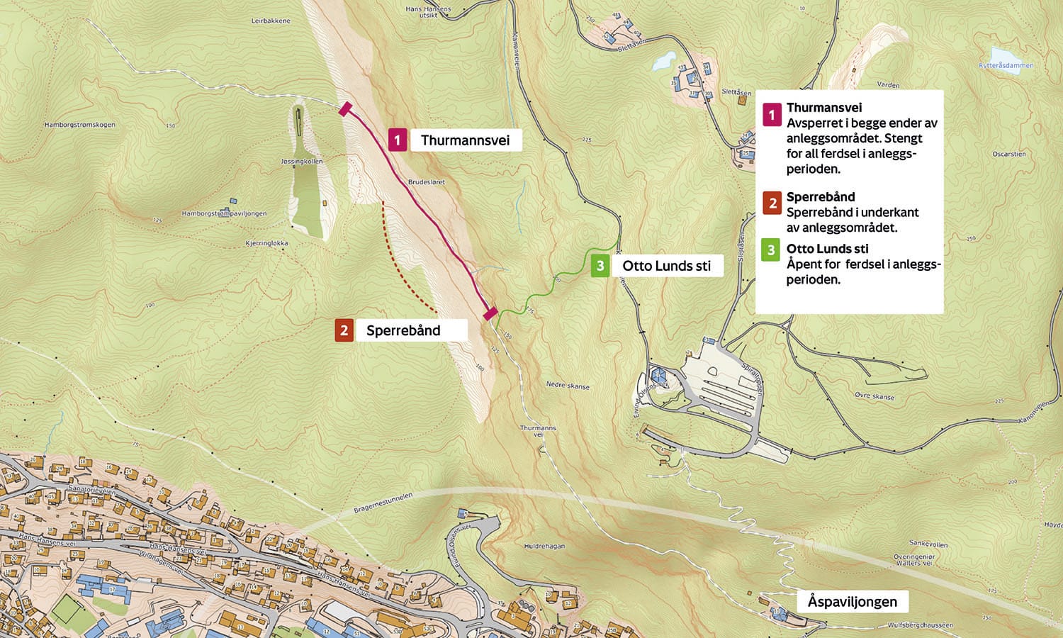 Kart over sperret område Thurmanns vei. Sperret mellom Hamborgstrømskogen og Otto Lunds sti
