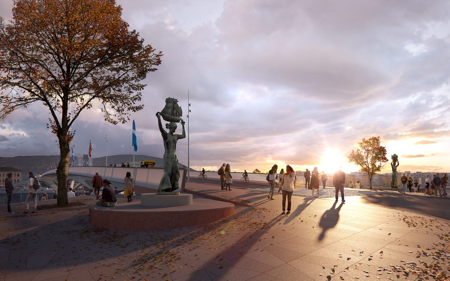 illustrasjon av bybrua sett fra nedre strandgate, men statuene foran og solnedgang.