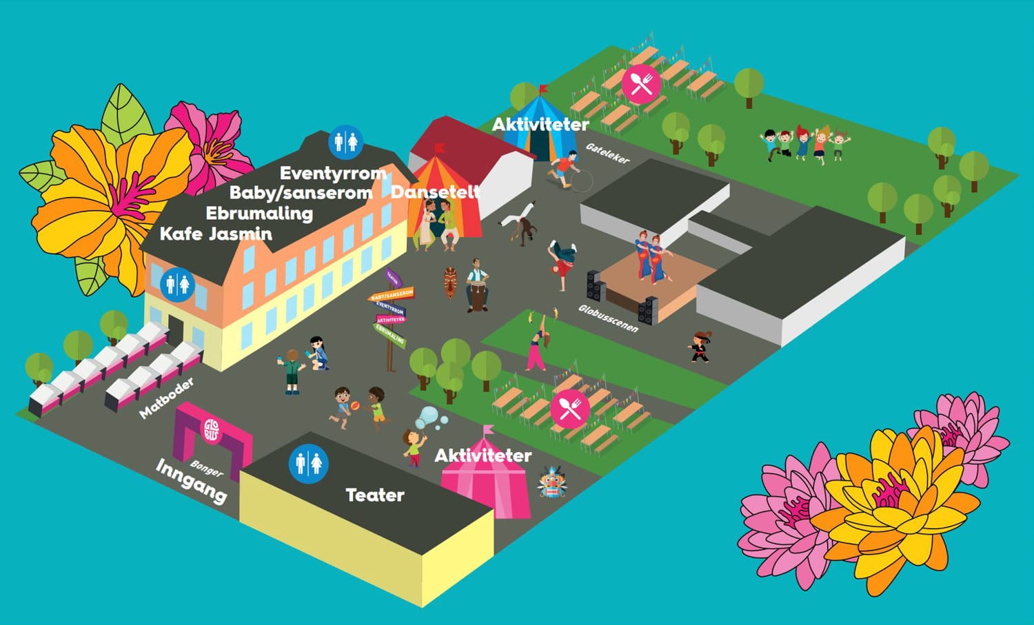 Illustrasjonskart over Globusfestivalen og arrangementene der på Knutepunkt Strømsø.