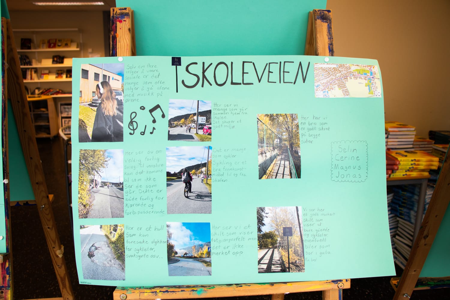 Plakat med overskriften Skoleveien vår. Plakaten har bilder og tekst av skoleveien til elever ved Killingrud ungdomskole.