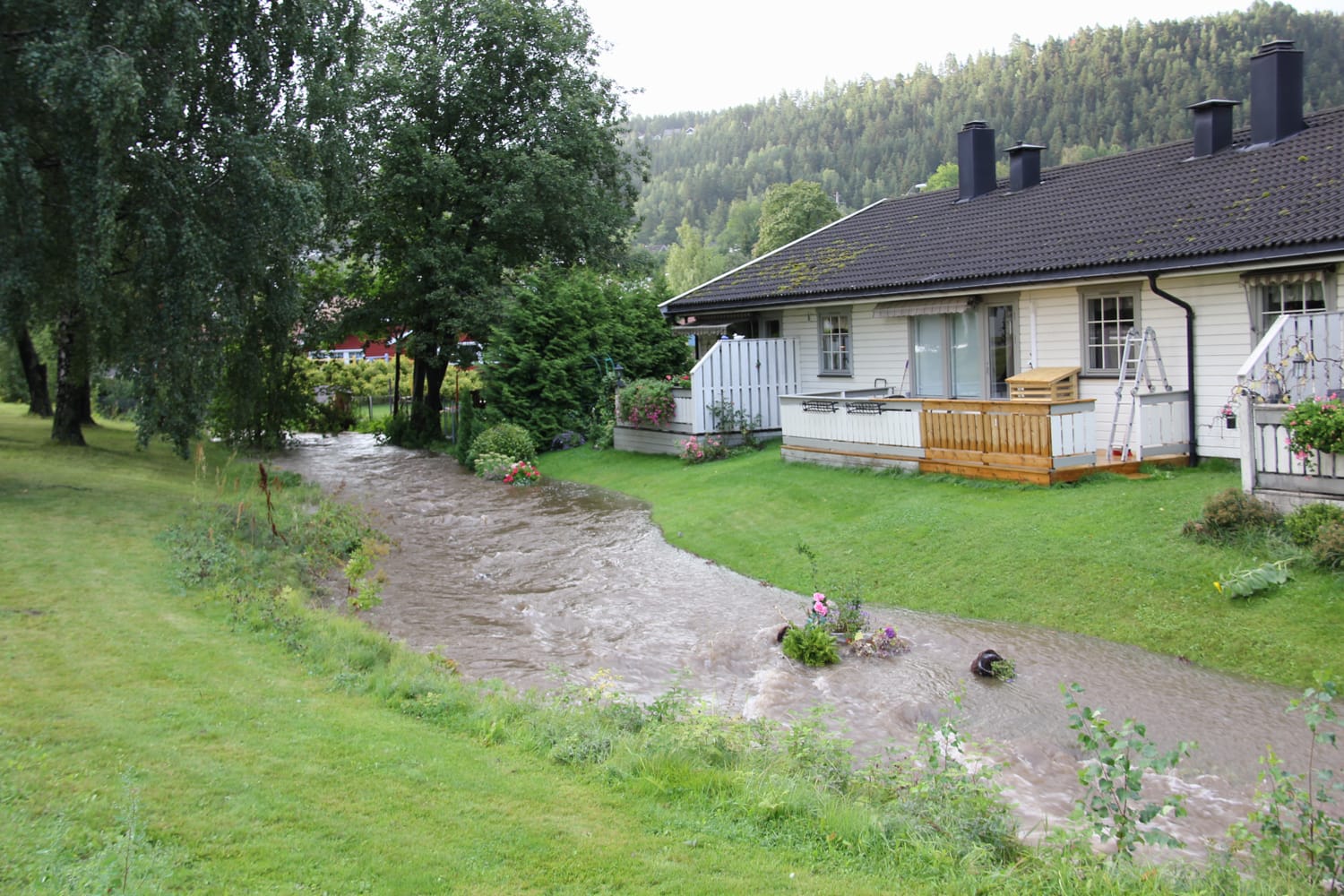 Oversvømt bekk med bolighus i bakgrunn