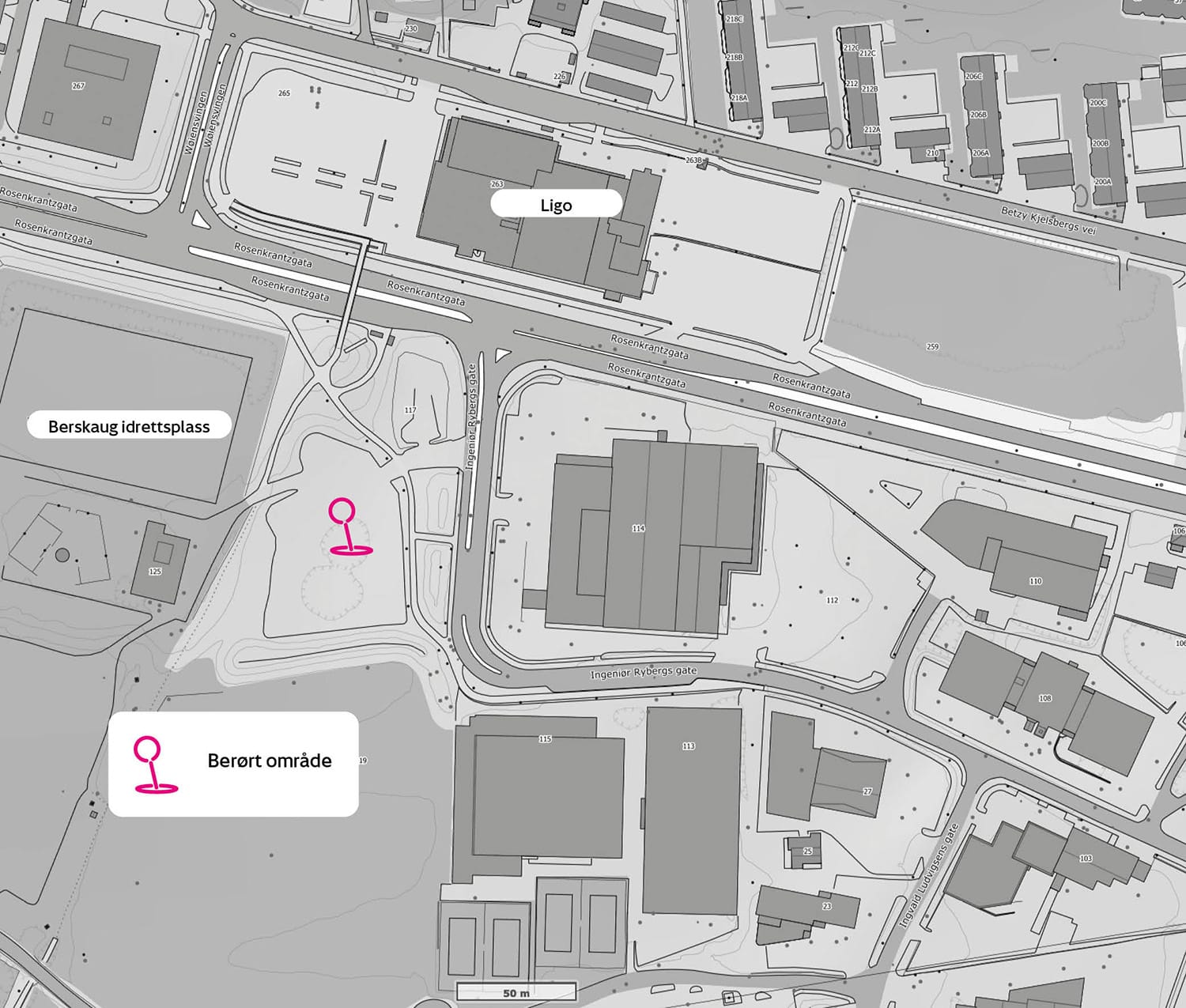 Kartskisse som viser berørt parkeringsplass på Berskaug