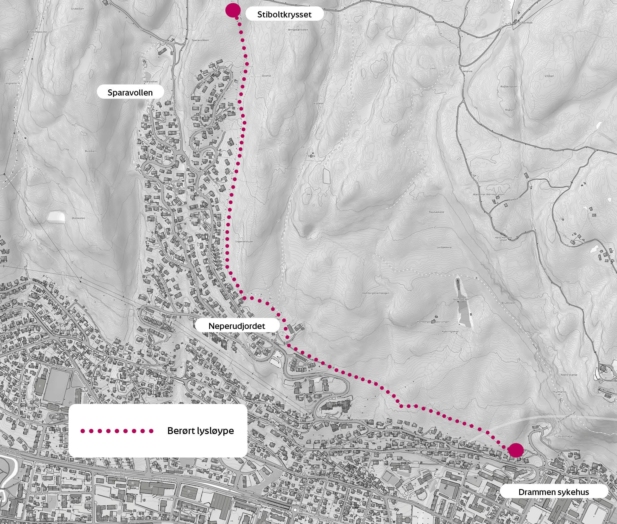 Kart av lysløypa som viser at strekningen Drammen sykehus-Stiboltkrysset blir berørt