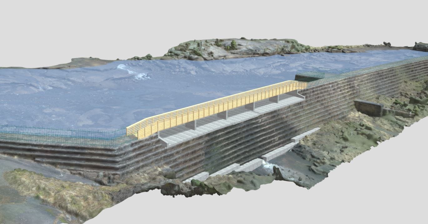 3D- utsnitt som viser dammen Vasshella etter rehabilitering, men ny gangbru og rekkverk.