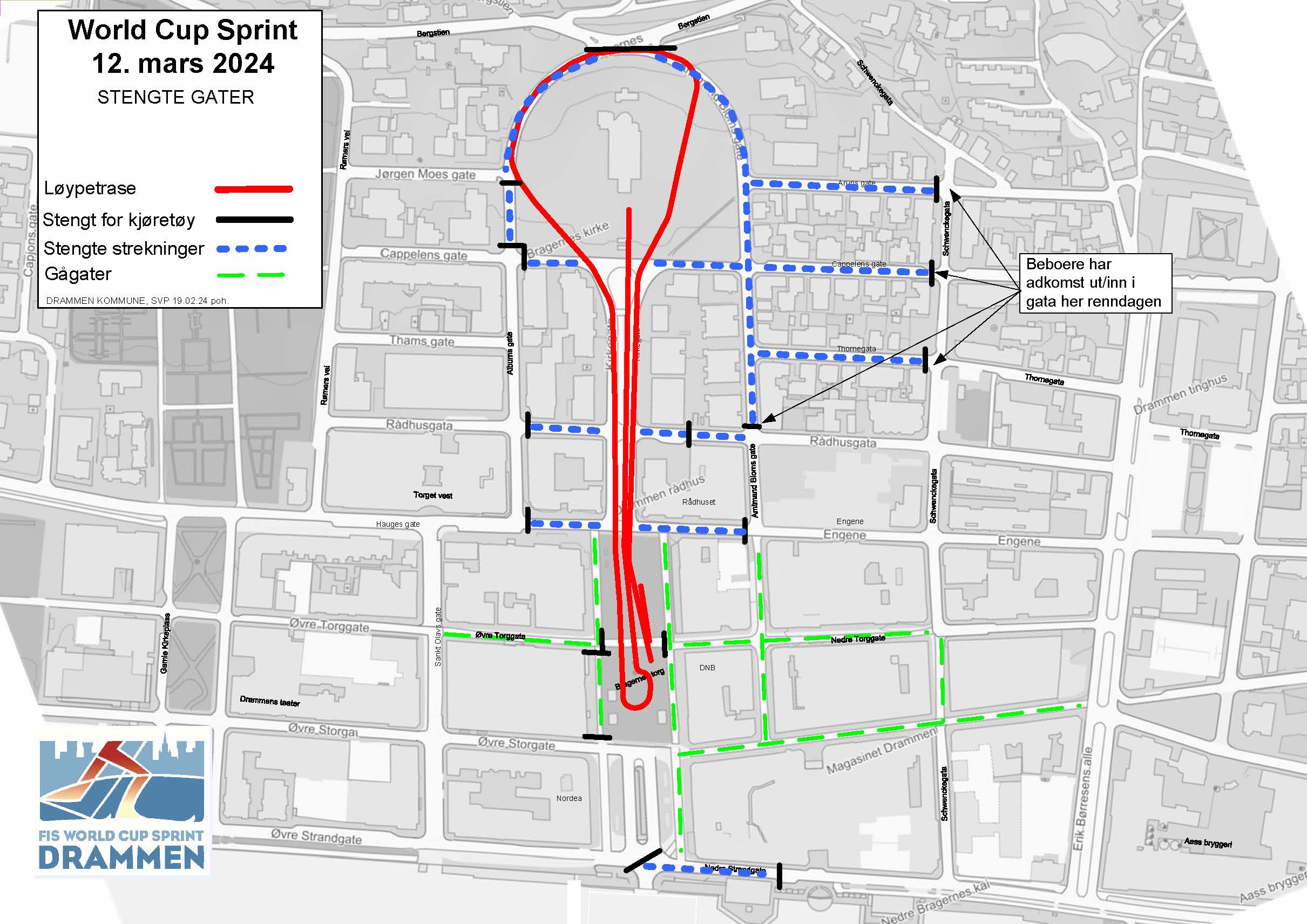 Kart over Bragernes sentrum som viser hvilke veier som blir stengt under skisprinten.