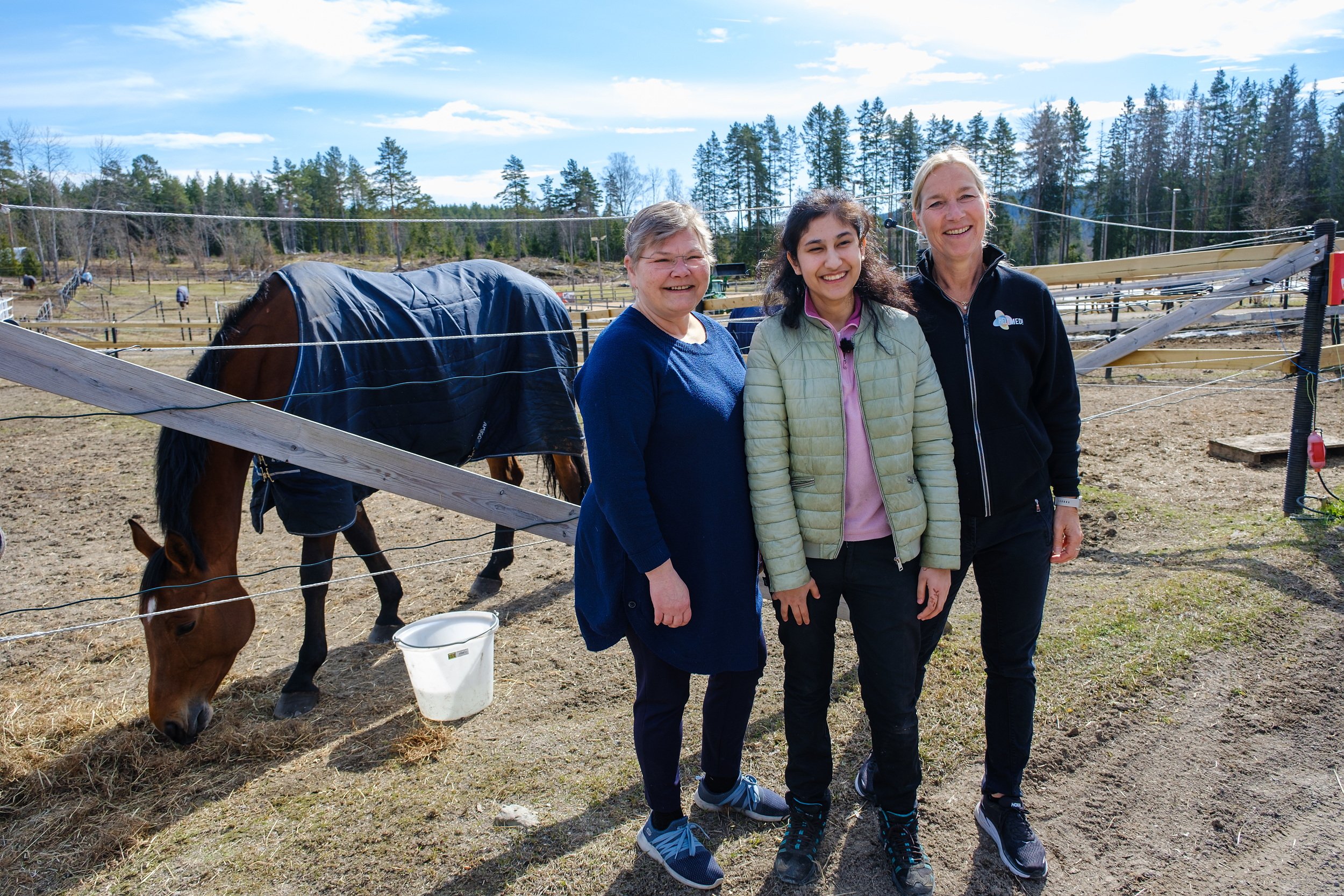 En jente og to damer foran en hest
