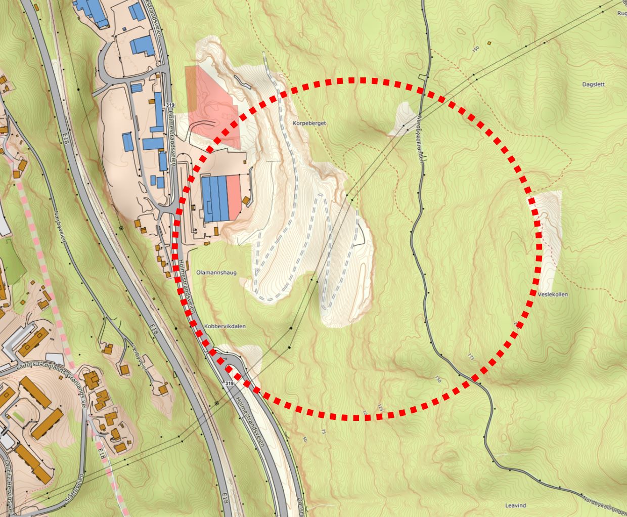Kart over Nordbykollen. Rød ring markerer berørt område.