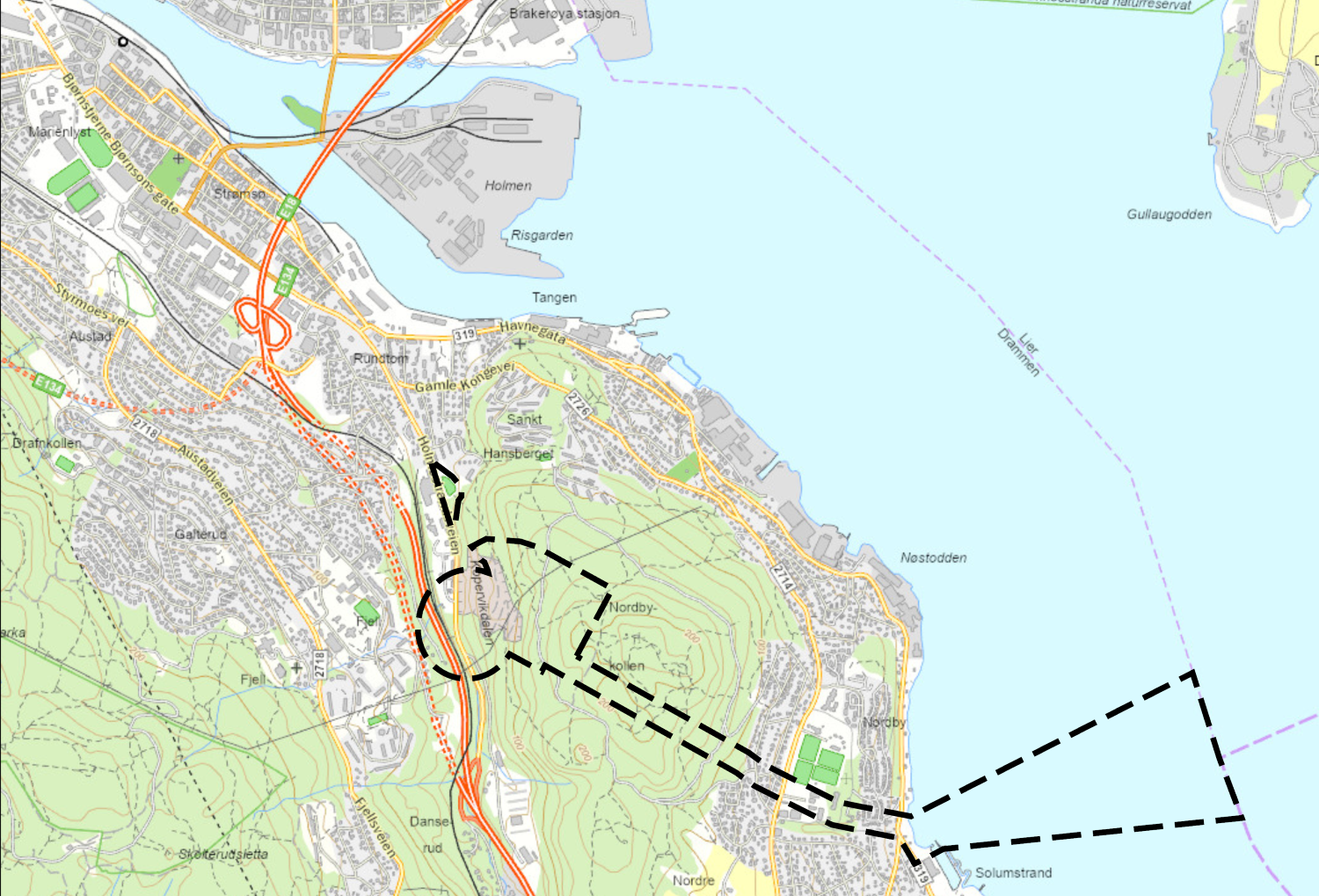 Kart over Kobbervikdalen/Nordbykollen og Solumstrand