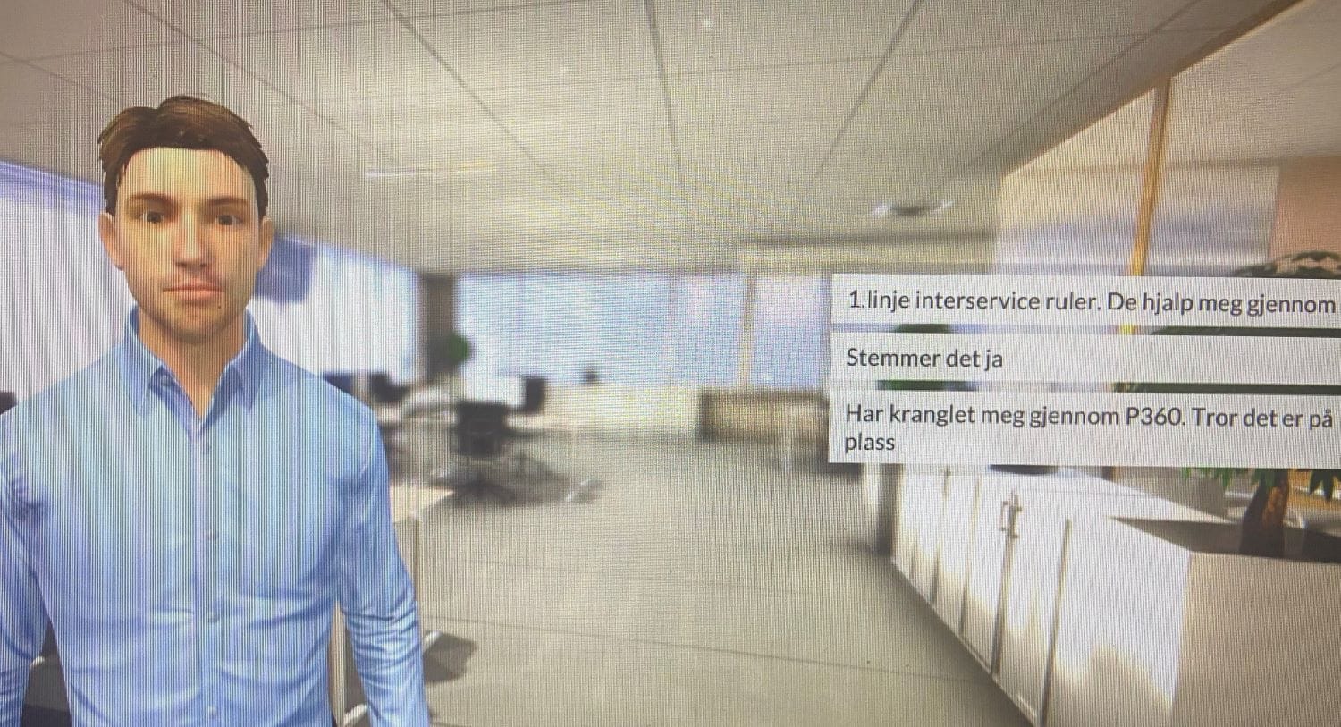 En skjermdump av spillbasert læring for P360 . Det er bilde av en animert en mann i et kontorlokale.