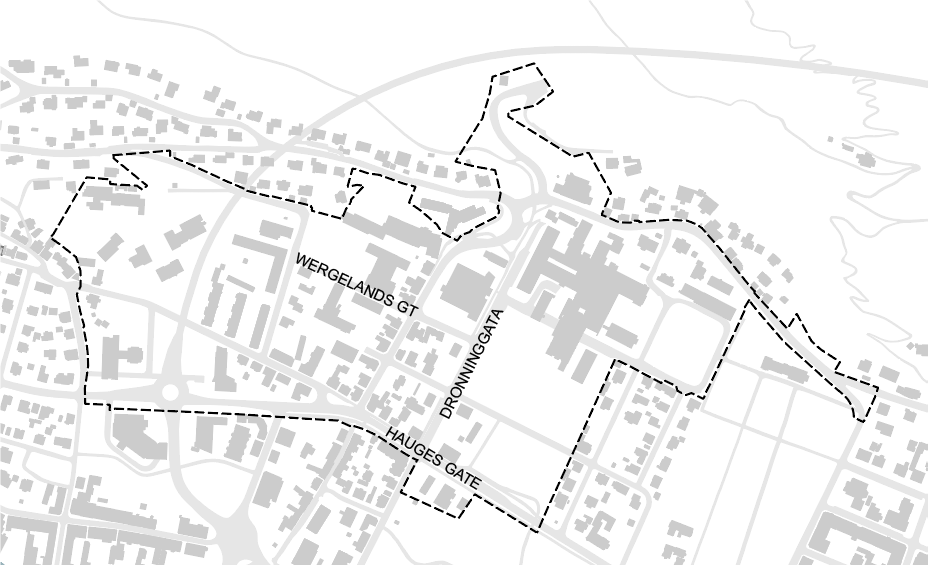 Bildet viser planavgrensningen, som går over det gamle sykehuset, ned til Hauges gate, og vest over til og med fylkeshuset