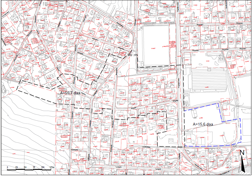 Bildet viser utvidelsen av planområdet, som nå inkluderer tre eiendommer øst for Hagatjernveien