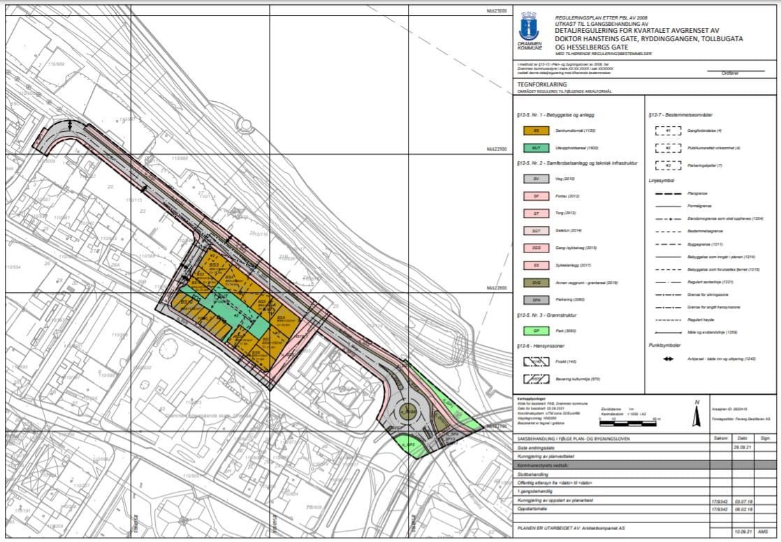 Bildet viser forslaget til plankart som strekker seg fra rundkjøringen ved Gyldenløves plass til Langes gate, der bebyggelsen reguleres til sentrumsformål