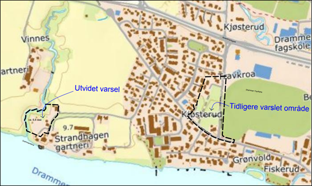 Bildet viser et kart over hvor utvidelsen ligger i forhold til planområdet. Utvidelsen ligger ved utløpet av Vinnesbekken, ca. 550 meter vest for planområdet.