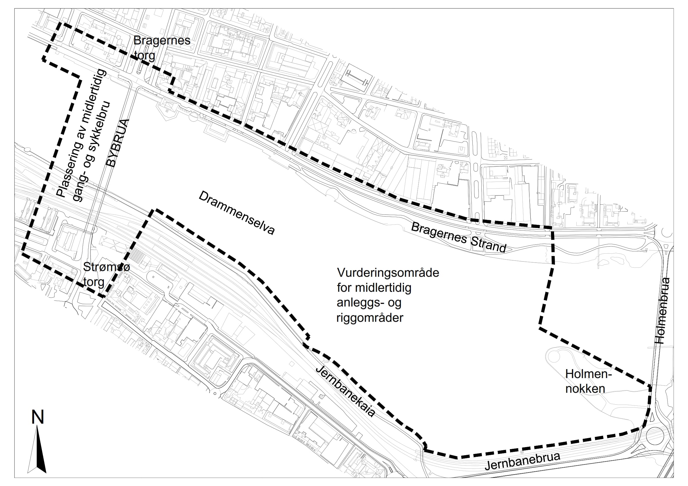 Bildet viser planområdet som strekker seg fra litt vest for Bybrua og til Jernbanebrua og til og med Holmennokken