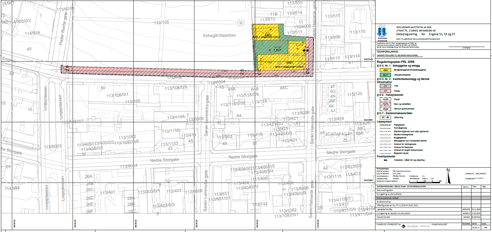 Bildet viser plankartet, der området hovedsakelig er regulert til boligbebyggelse, blokkbebyggelse, oppdelt av et felles uteoppholdsareal.