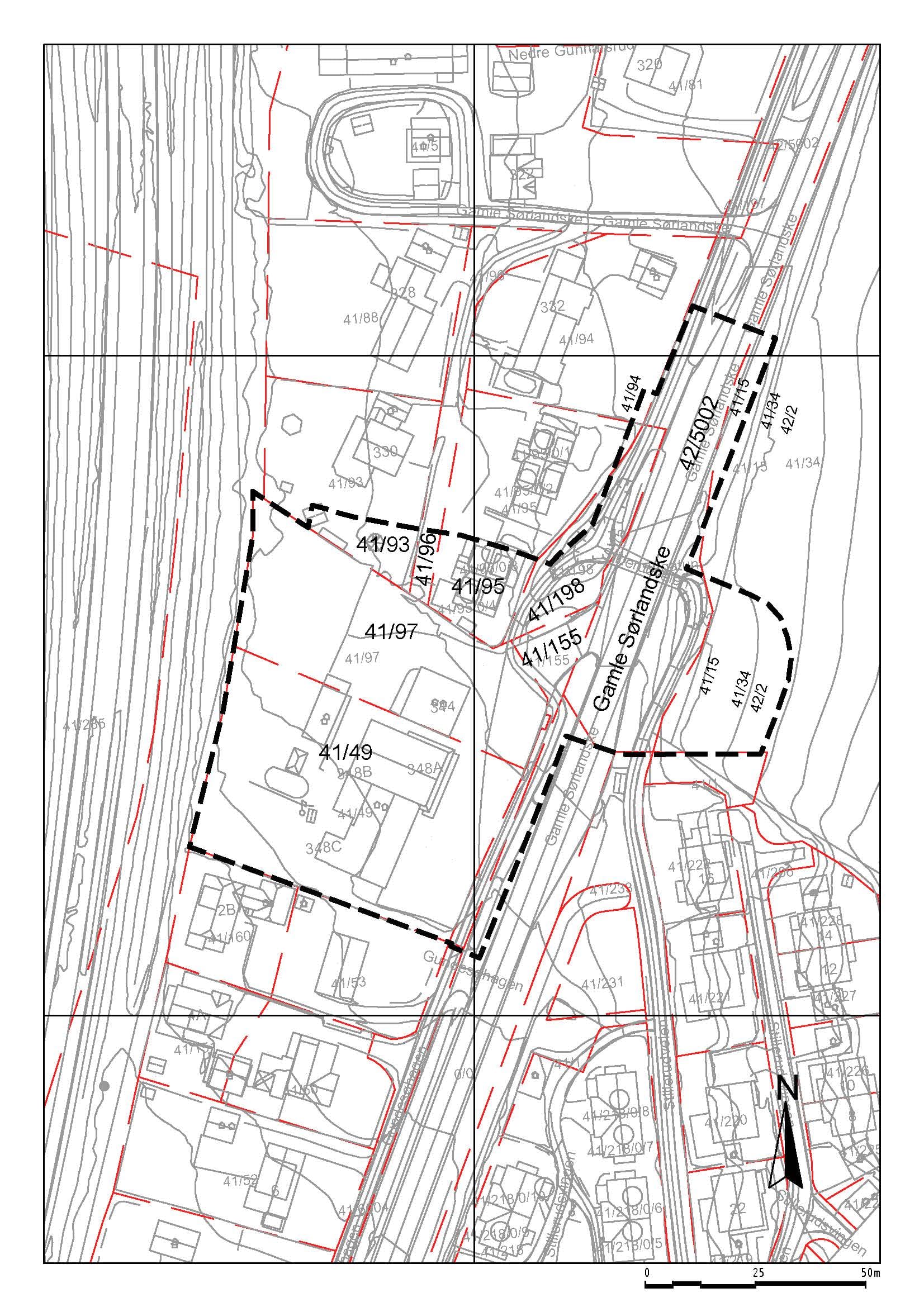 Bildet viser et kartutsnitt over planområdet, som ligger mellom Sagatun bussholdeplass og E18