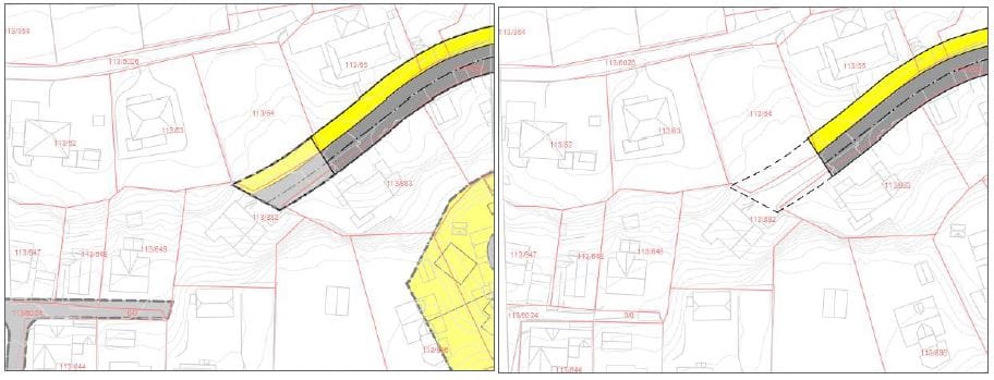 Bildet er av to kart som viser endringen, der en del av reguleringen av veien blir opphevet.