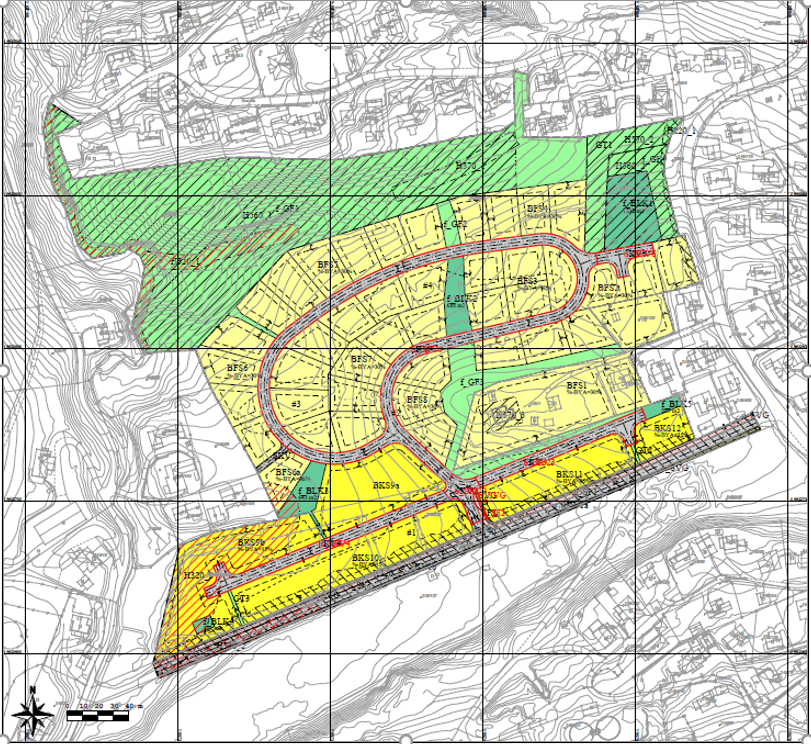 Bildet viser utsnitt av plankartet, der området hovedsakelig er regulert til bolig og grøntanlegg