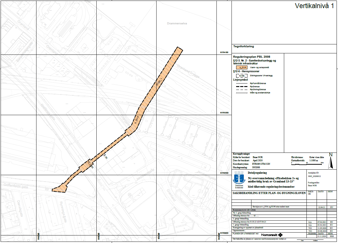 Bildet viser plankartet under bakken, som strekker seg fra Griffenfelds gate til Drammenselven