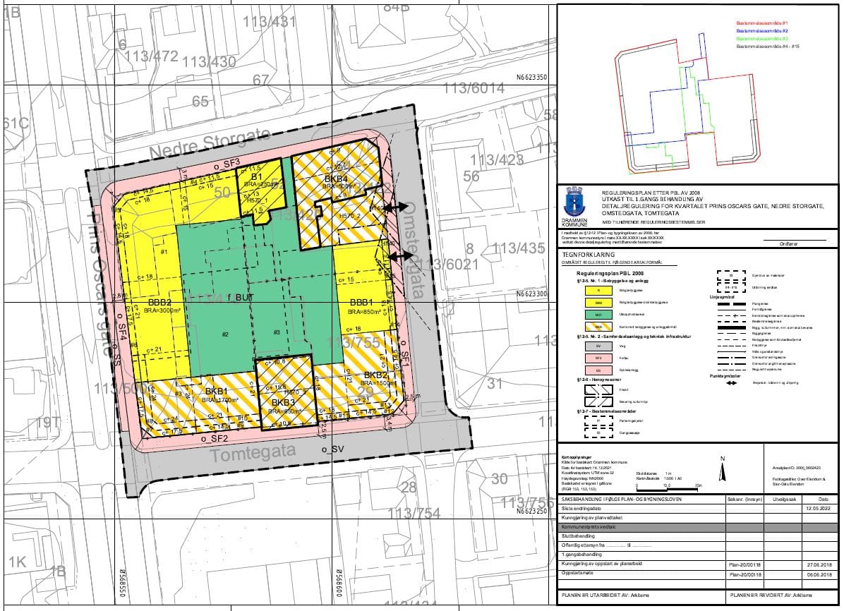 Bildet viser forslaget til plankart, der området hovedsakelig reguleres til boligbebyggelse, kombinert bolig og anleggsbebyggelse og uteoppholdsareal