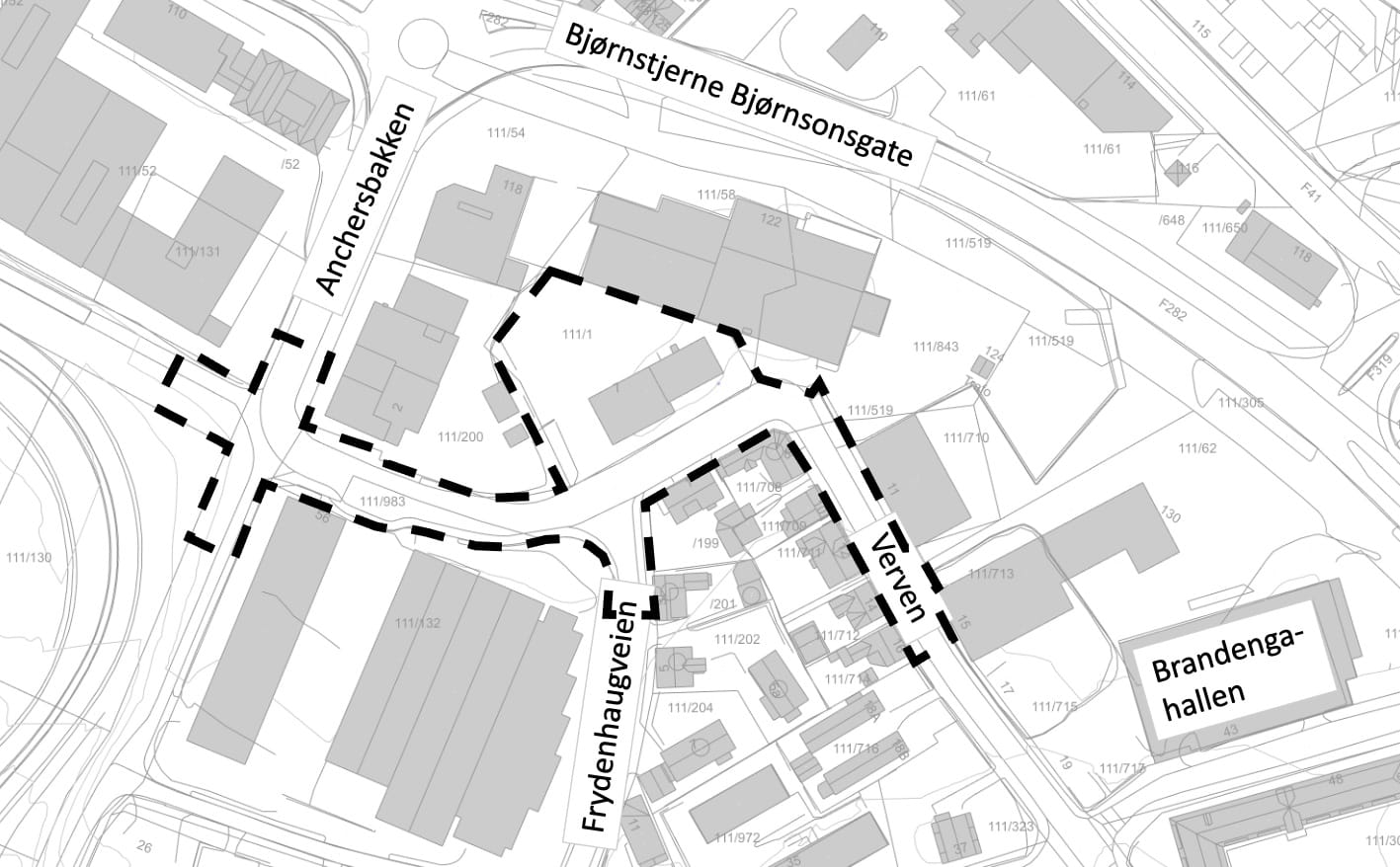 Bildet viser ny planavgrensning, fra Verven til krysset i Anchersbakken