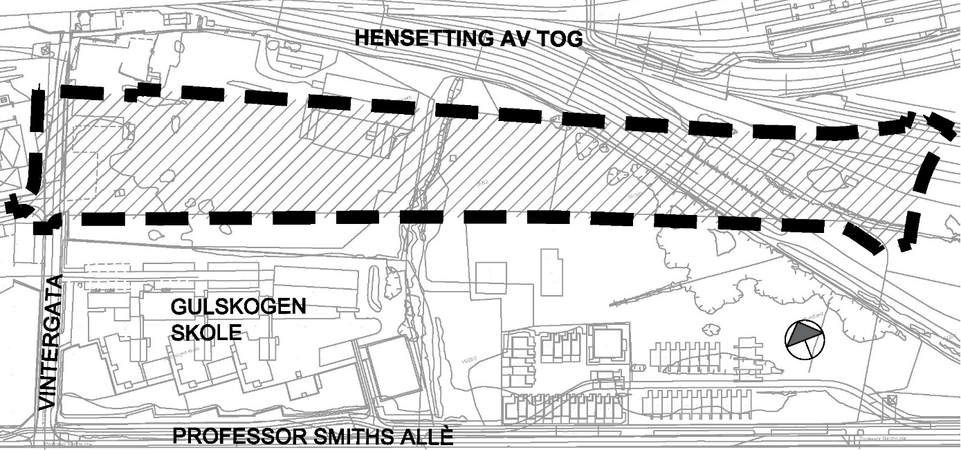 Bildet viser kart over planområdet, som strekker seg fra Vintergata i vest, nord for Gulskogen skole, syd for jernbanen, til planlagt kryss, nordøst for Proffen hageby