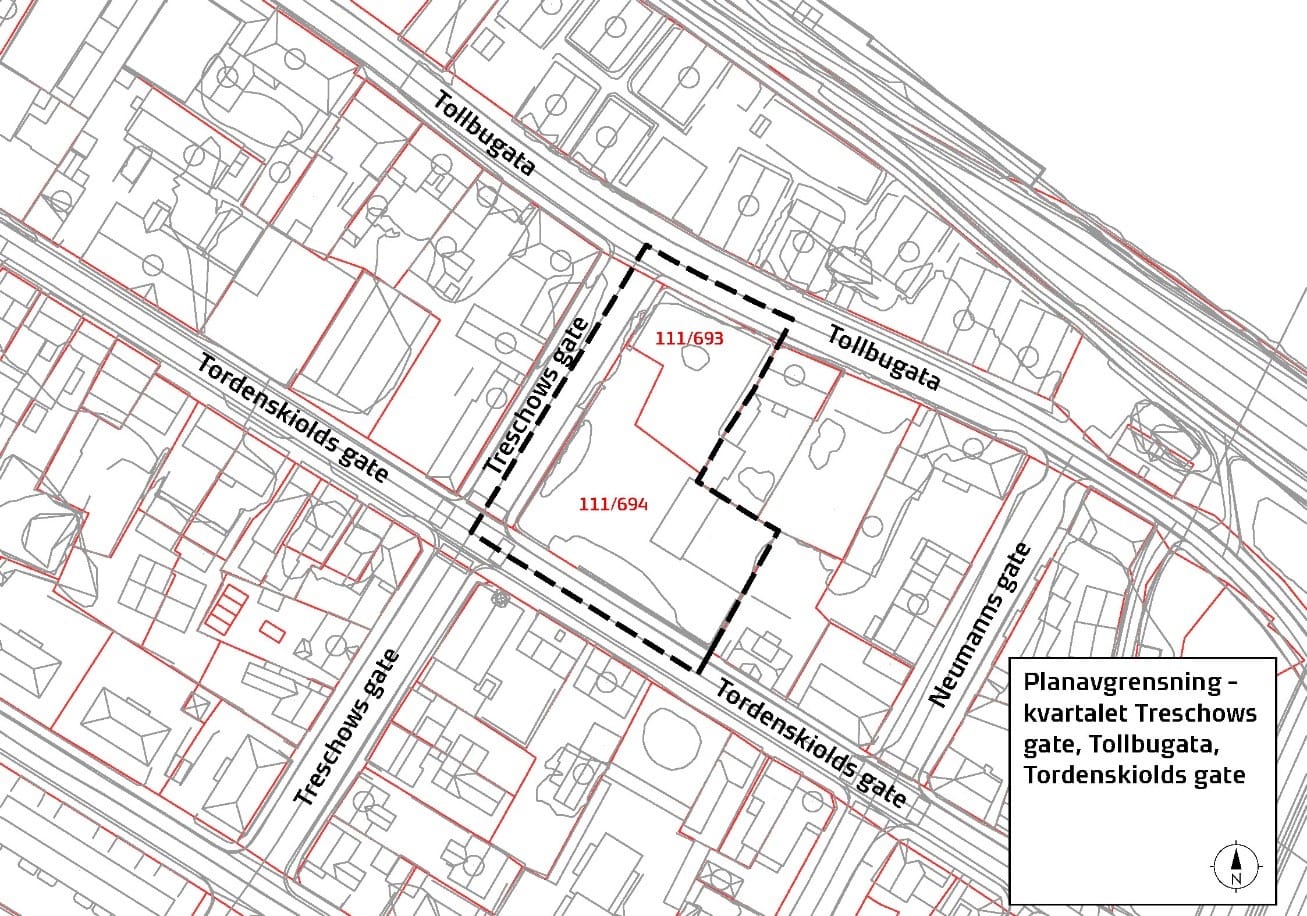 Bildet viser kart over planavgrensningen, som strekker seg over bilverkstedet nord for metodistkirken, og tar med seg hele parkeringsplassen opp til Tollbugata