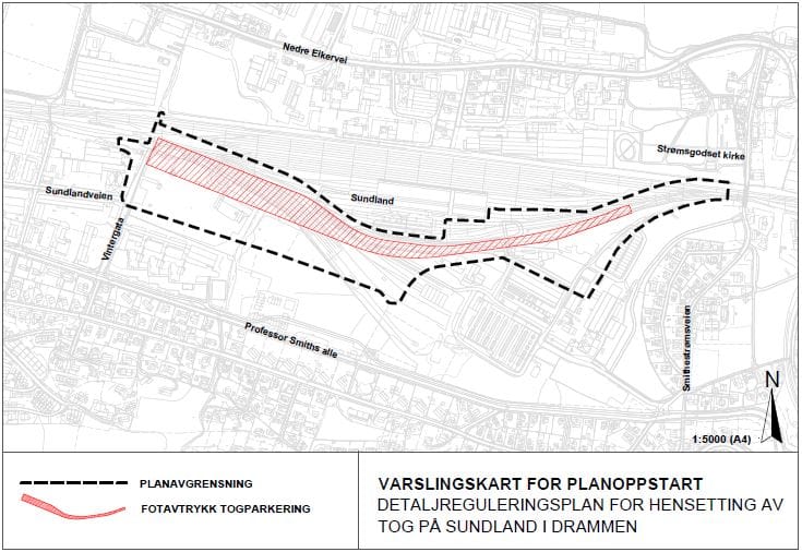 Bildet viser planavgrensningen som strekker seg på sydsiden av jernbanesporene, fra Strømsgodset kirke i øst, til Vintergata i vest