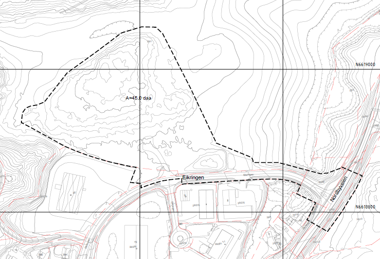 Bildet viser planavgrensningen, nord for Eikveien og Volvo Truck senter