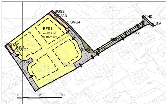 Bildet viser plankartet, der hovedformålet er boligbebyggelse - frittliggende småhusbebyggelse, der området er delt inn med byggegrense i fire mindre deler