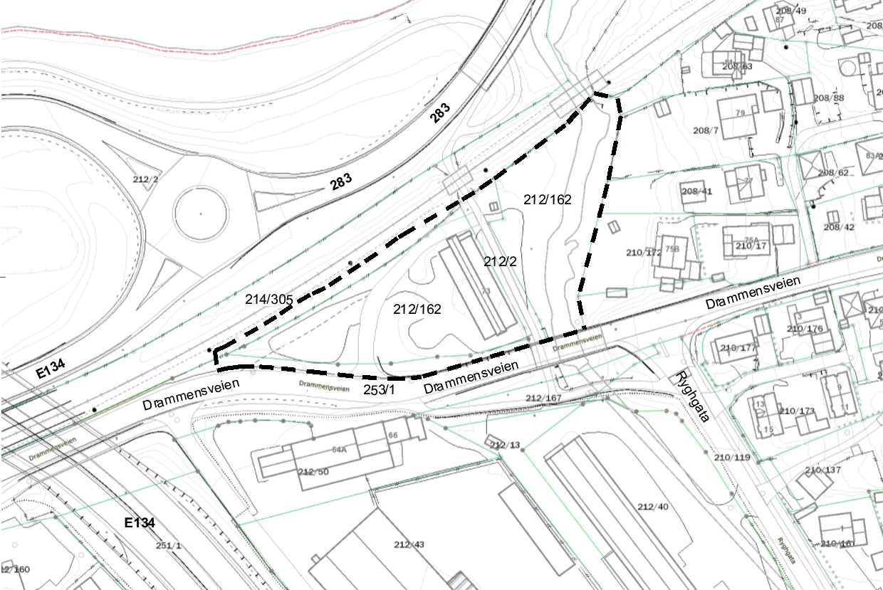 Bildet viser et kartutsnitt av planområdet, som er lokalisert mellom Drammensveien og jernbanelinjen og Nedre Eiker bru