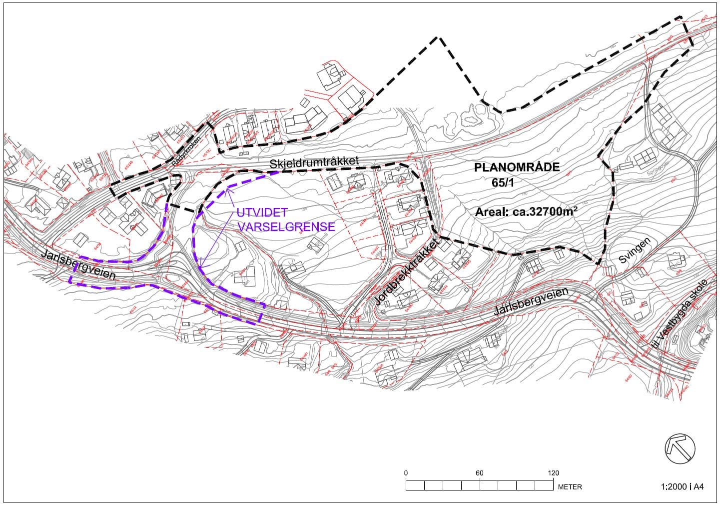 Bildet viser det utvidede planområdet som nå strekker seg til Jarlsbergveien, ned fra Skjeldrumtråkket