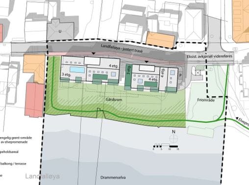 Bildet viser illustrasjon av foreslått grep, med ny bebyggelse mot gaten Landfalløya, samt et grønt uteområde mot elven