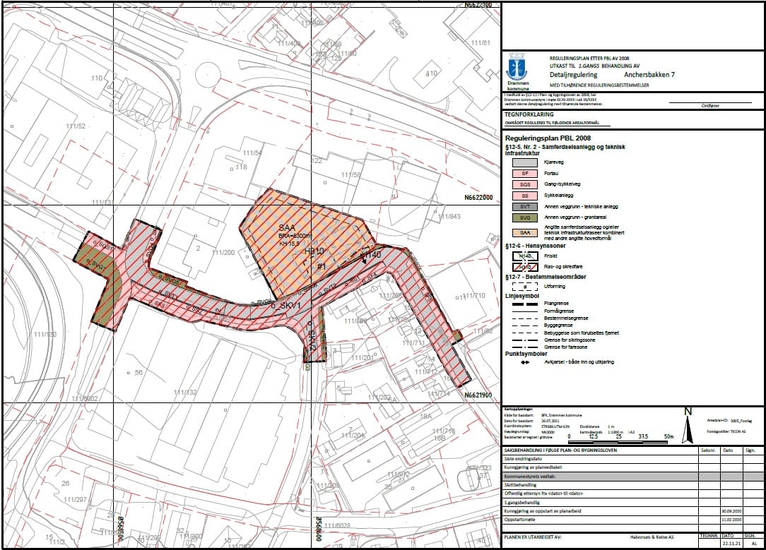 Bildet viser forslaget til plankart, der området blir regulert til samferdselsanlegg og/eller teknisk infrastrukturtraseer, kjørevei og sykkelanlegg
