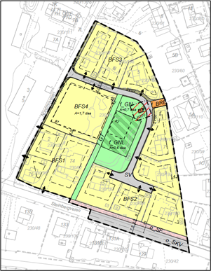 Bildet viser plankartet, der området reguleres til bolig, naturområde, turvei og vei