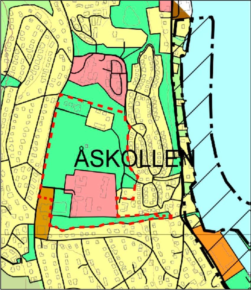 Bildet viser planområdet, som strekker seg fra rett nord for Nordbylunden barnehage til  enden av grøntområdet mot Solumveien, i sør, med Nordbyveien som grense i vest og grøntområde mot Skonnerten i øst.