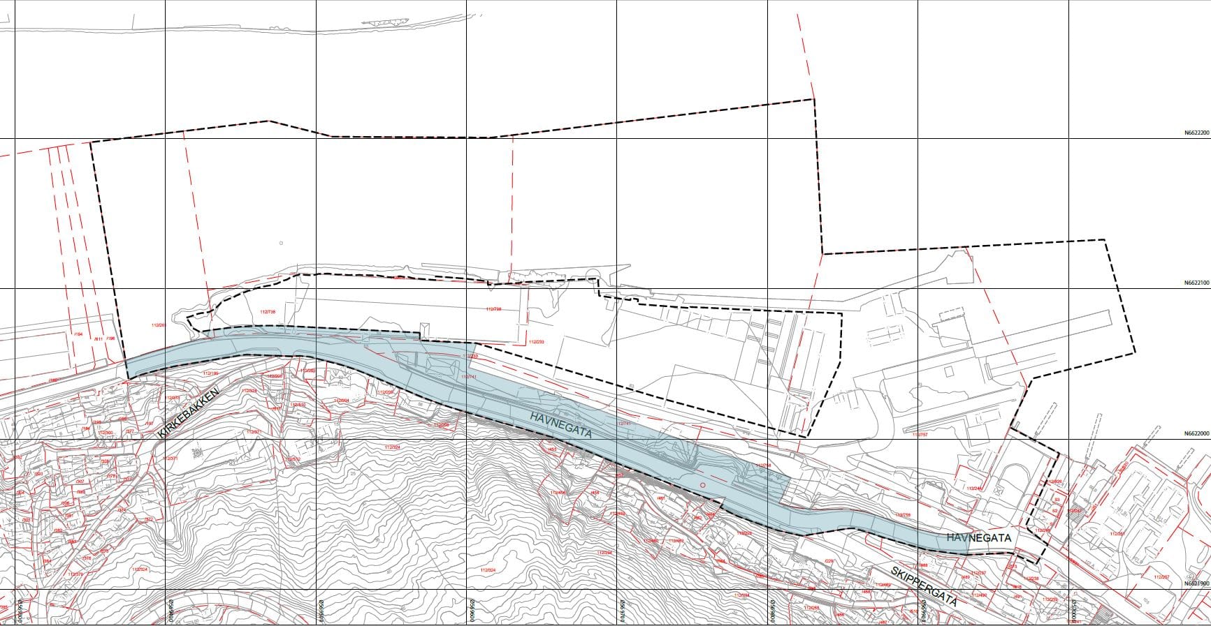 Bildet viser utvidelse av planområdet, som tar med seg Havnegata fra et lite stykke øst for Skippergata og til et lite stykke vest for Kirkebakken 