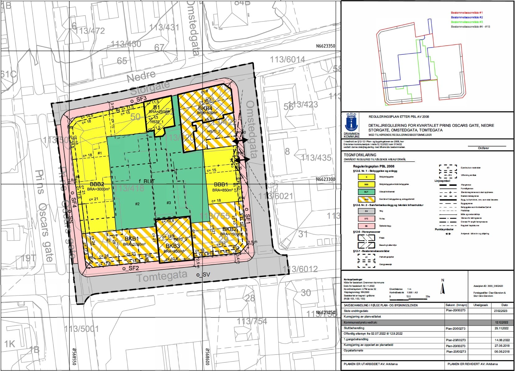 Utsnitt av plankart, der det vises at planområdet hovedsakelig blir regulert til bebyggelse og tilhørende uteareal