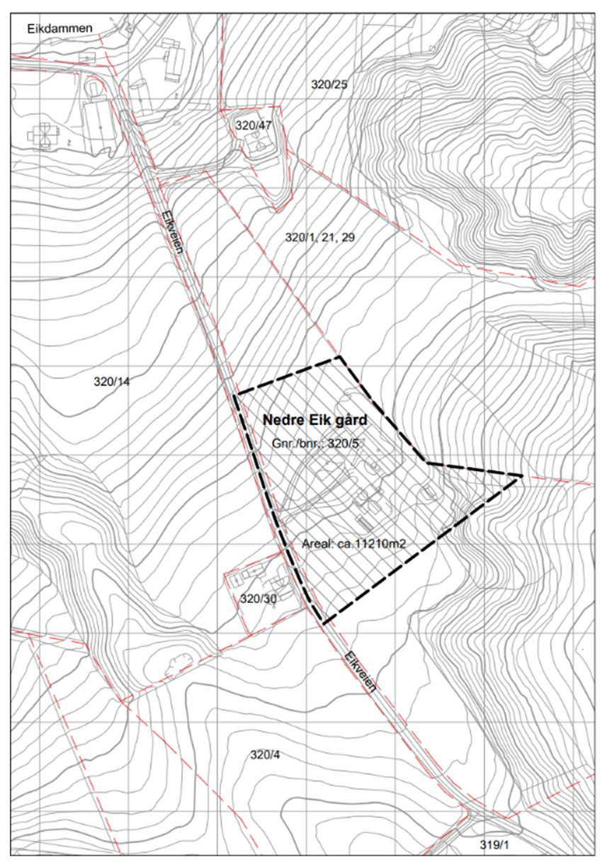 Kart over planområdet som viser planområdet som strekker seg på et areal på 11 210 kvadratmeter over Nedre Eik gård