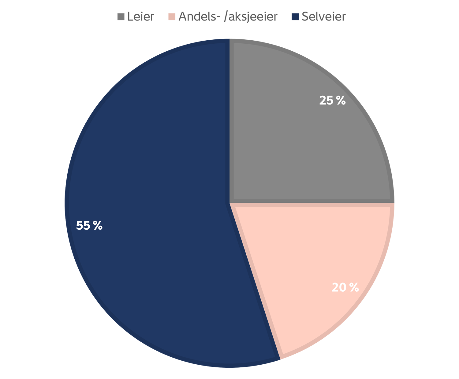 Kakediagram andel ulike boligformer. 55% selveier, 25% leier og 20 % andels-/ aksjeeier. 