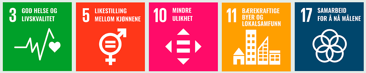 Bilde som viser symbol for FNs bærekraftsmål. Nr. 3 God helse og livskvalitet, nr. 5  Likestilling mellom kjønnene, nr. 10 Mindre ulikheter, nr. nr. 11 Bærekraftige byer og lokalsamfunn, nr. 17 Samarbeid for å nå målene