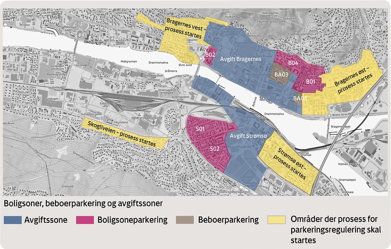 Figur 4 Dagens (2023) soner for avgiftsparkering, boligsone og beboerparkering.