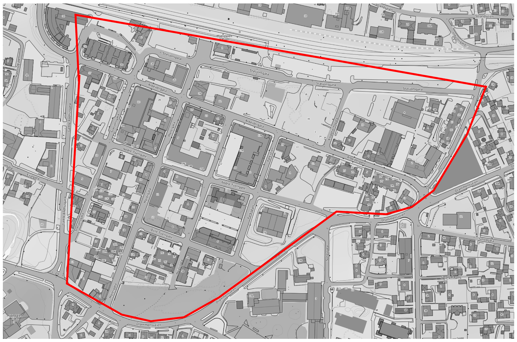 Kartet Kart: Avgrensning av sentrumsområder i Mjøndalen hvor det ikke anlegges fartshumper.