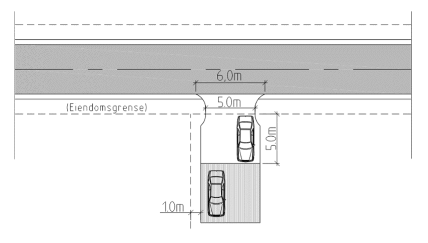 Illustrasjonen viser dobbelt garasje vinkelrett på vei. Parkering og snuplass på egen grunn.